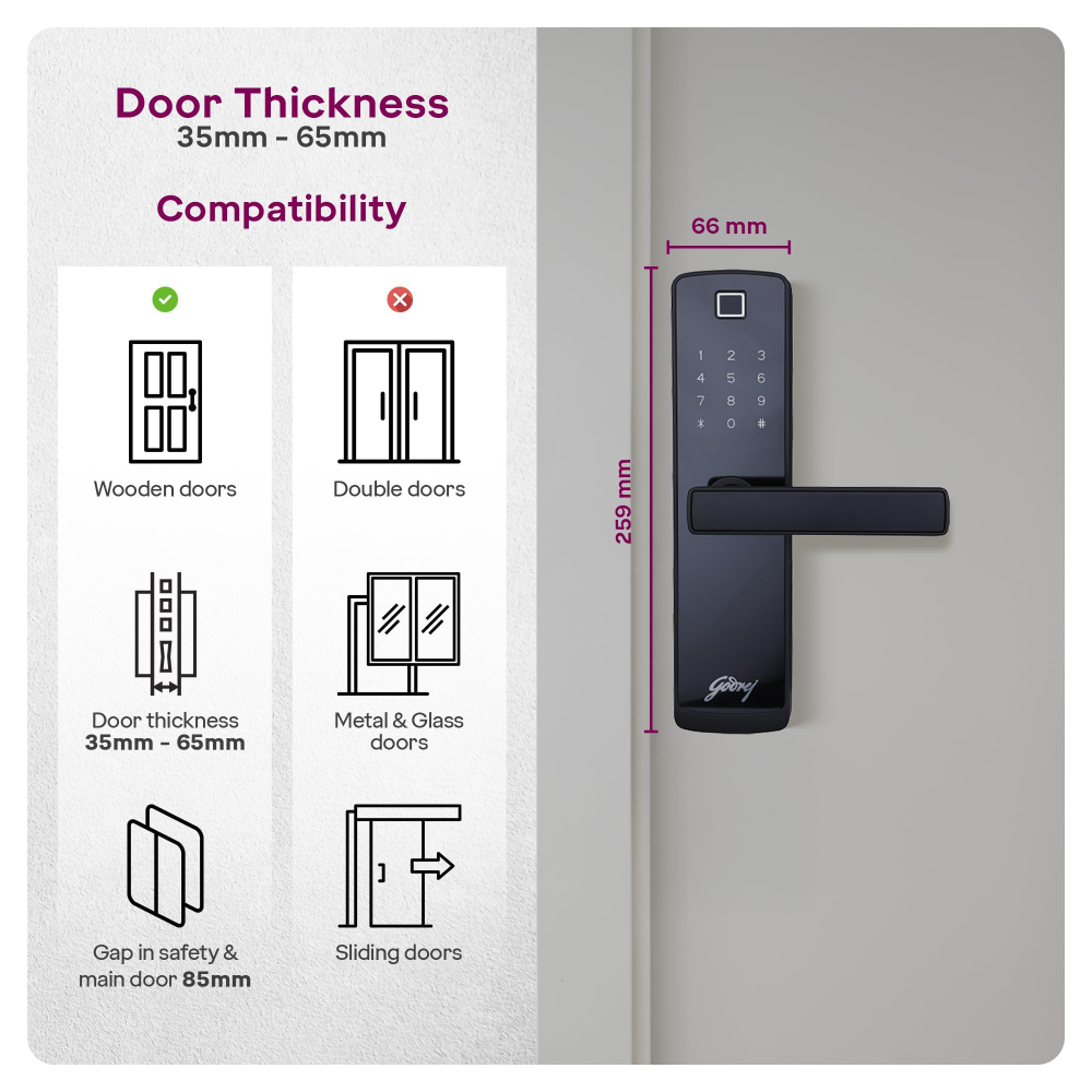 Godrej Smart Lock I Catus Connect I Digital Lock for Wooden Door |5 in 1 Access IWiFi I Fingerprint I RFID Card I PIN Access I Mechanical KeyI 3 Dead Bolts I Black I 3 Yrs Warranty| Free Installation